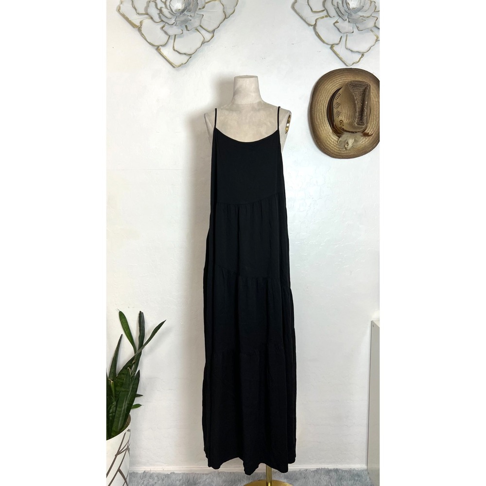 NWT ANRABESS Black Tiered Cami Maxi Dress Sz L Spaghetti Strap Rayon Boho Flowy